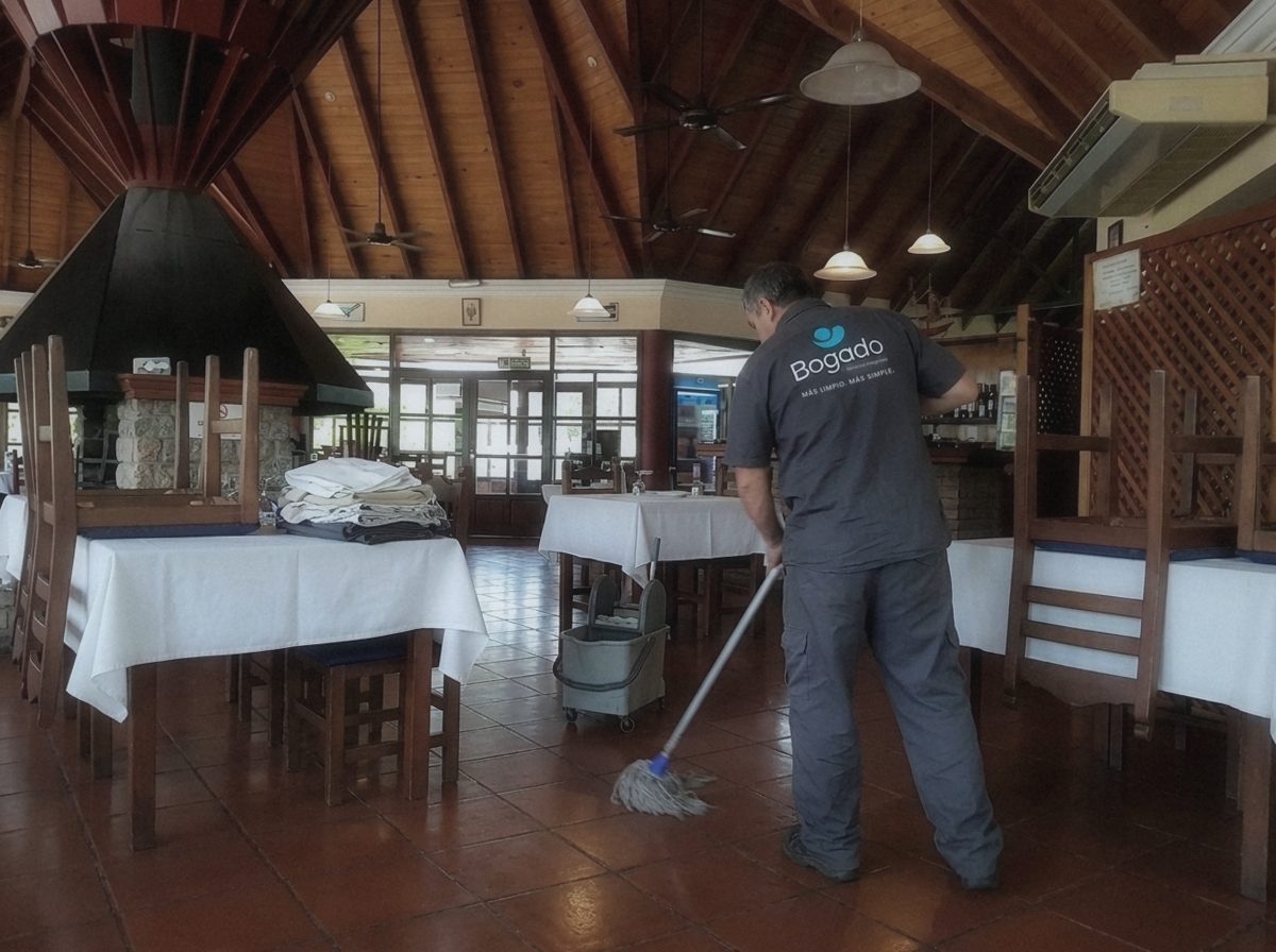Empleado de Bogado trapeando el piso del salón de un restaurante antes de abrir.