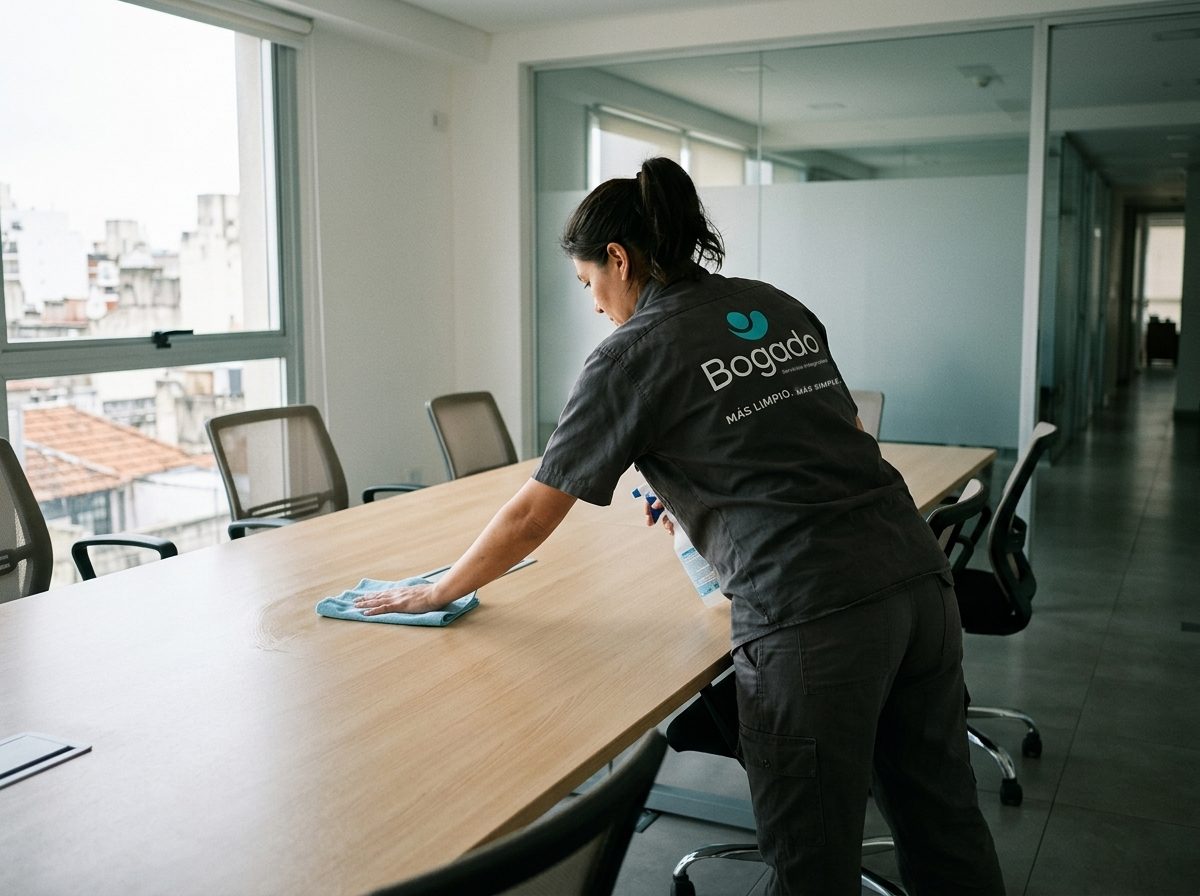 Empleada de Bogado limpiando la mesa de la sala de reuniones de una sede empresarial.