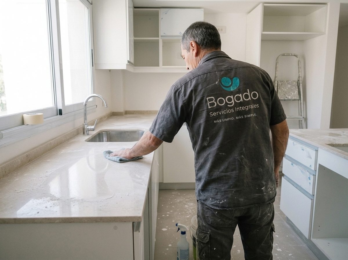 Empleado de Bogado limpiando el polvo de obra de la mesada de una cocina recién terminada.