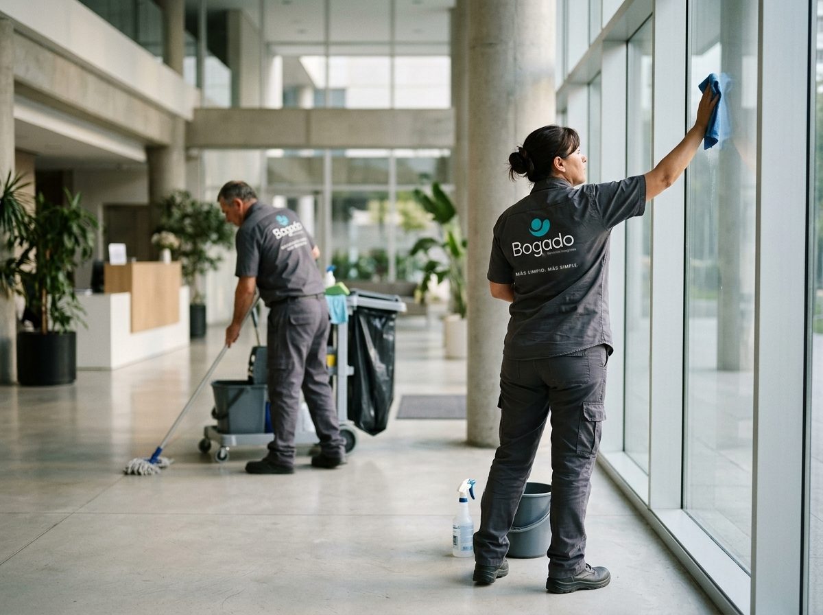 Personal de limpieza con uniforme gris de Bogado trabajando en el hall de un edificio de oficinas.