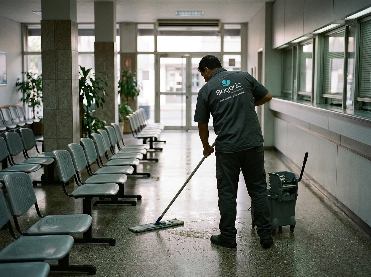 Empleado de Bogado trapeando la sala de espera de una oficina de atención al público.