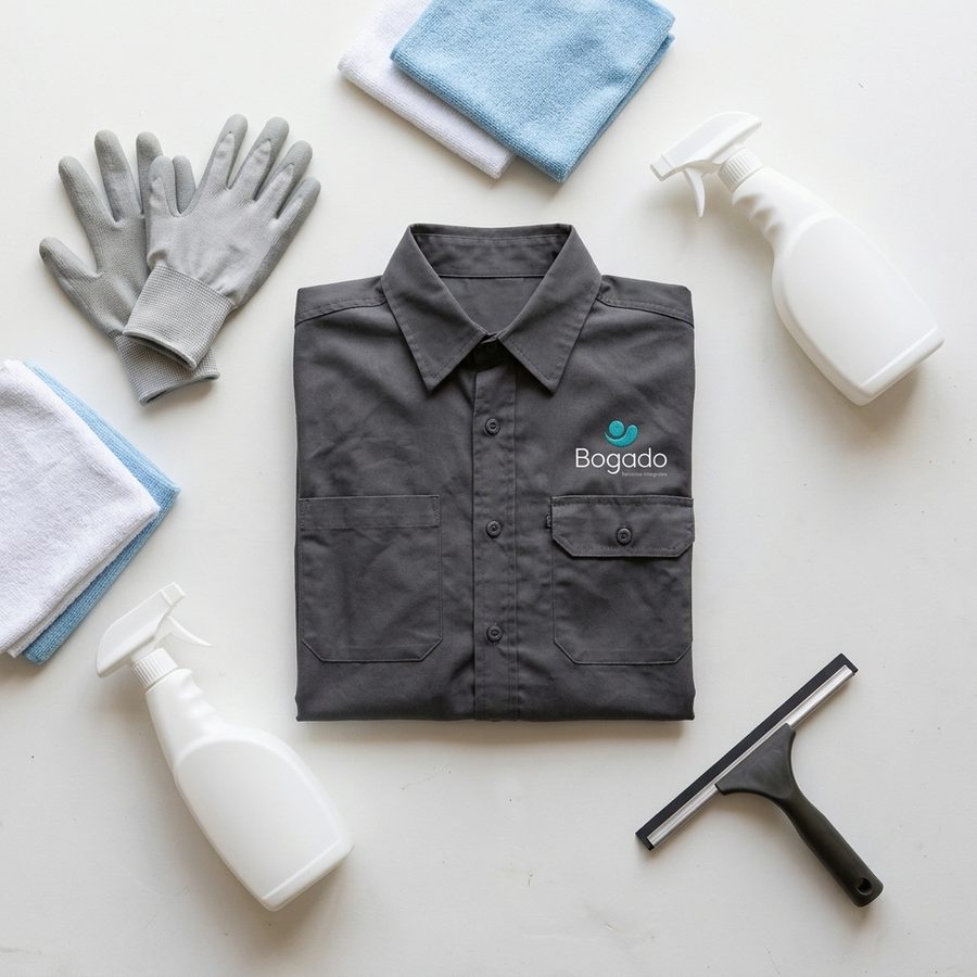Camisa de trabajo gris con el logo de Bogado, guantes, paños, rociadores y un secador de vidrios sobre una mesa blanca.